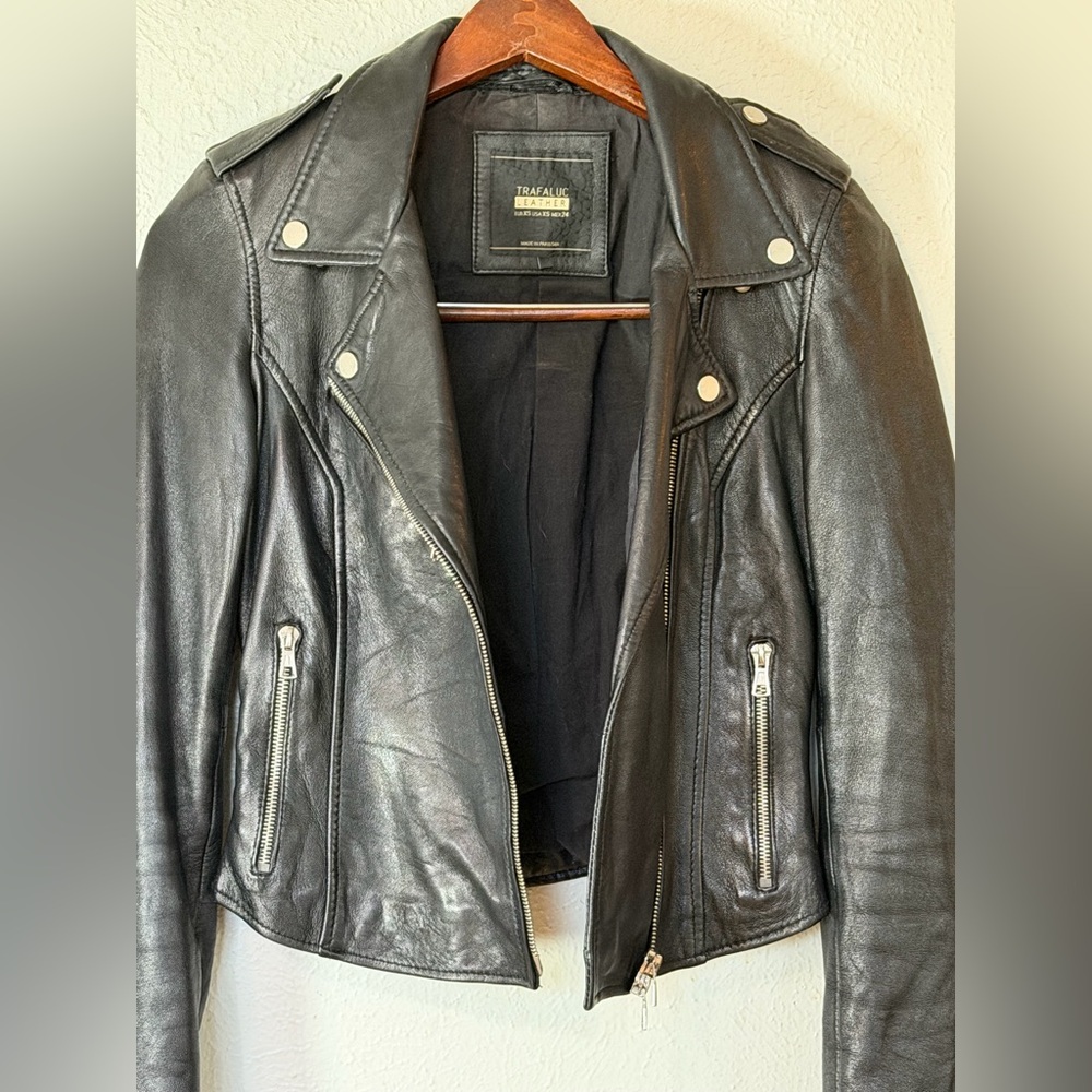 Zara Trafaluc Genuine Leather Moto Motorcycle Zipper Jacket Sz XS - Picture 10 of 17
